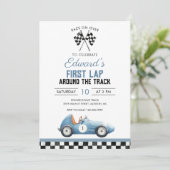 Invitation First Lap Blue Race Car 1st Birthday (Debout devant)