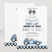 Invitation First Lap Blue Race Car 1st Birthday (Devant / Derrière)