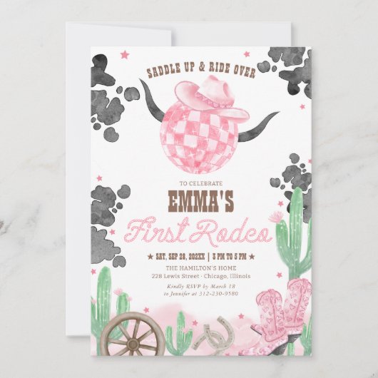 Invitation First Rodeo 1st Birthday Pink Boho Wild West (Devant)