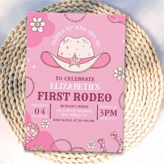 Invitation First Rodeo Birthday Girl Pink and white