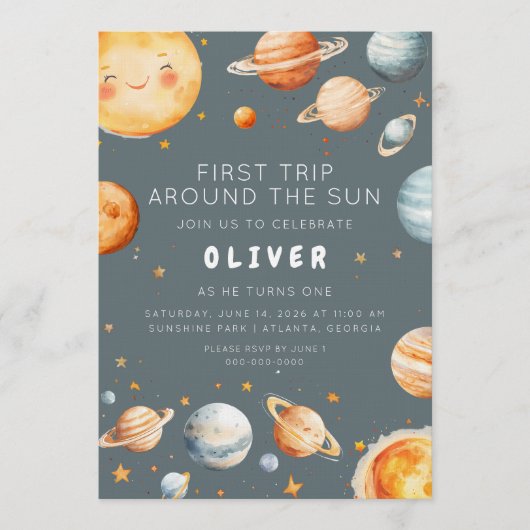 Invitation First Trip Around the Sun First Birthday (Devant)