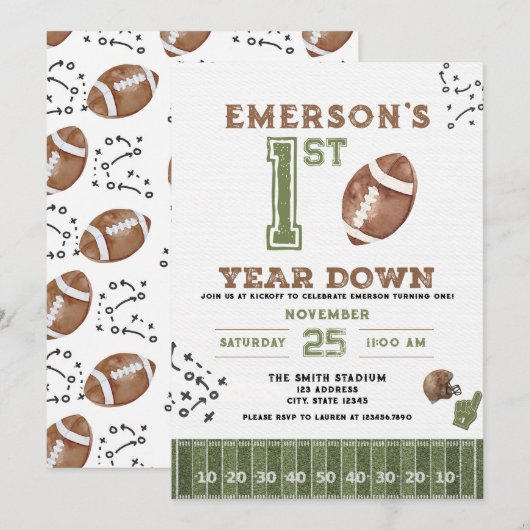 Invitation First Year Down Football Birthday Invitation, 2nd (Devant / Derrière)