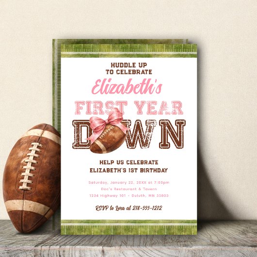 Invitation First Year Down Football Girly 1st Birthday