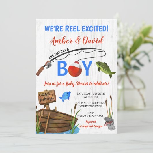 Invitation Fishing Themed Reel Excited Baby Shower (Debout devant)