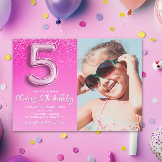 Invitation "Five and Fabulous Pink Glitter Birthday Photo