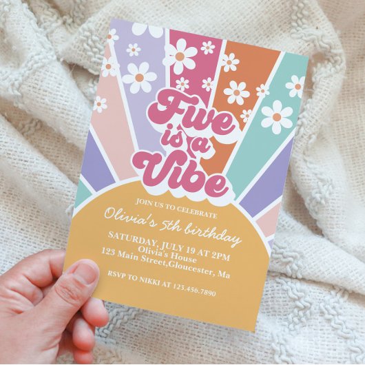 Invitation Five est Vibe Retro Sunshine Rainbow Daisy Invita
