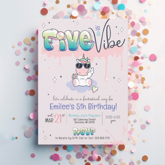 Invitation FIVE est VIBE Unicorn Graffiti Girl 5e anniversair
