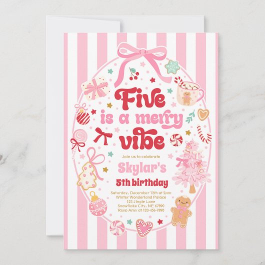Invitation Five Is A Merry Vibe Christmas Bow 5th Birthday (Devant)