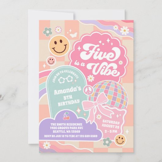 Invitation Five Is A Vibe Cloud Rainbow Disco 5th Birthday (Devant)