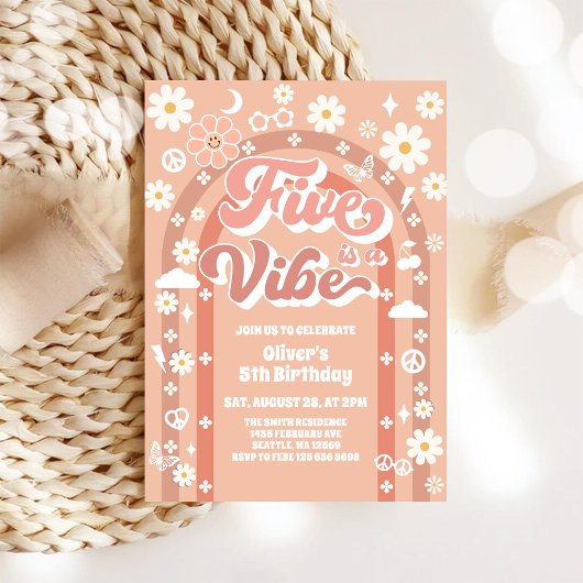 Invitation Five Is A Vibe Groovy Retro 5th Birthday