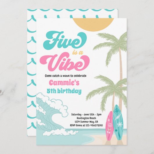 Invitation Five Is A Vibe Retro Surfboard Beach Anniversaire (Devant / Derrière)