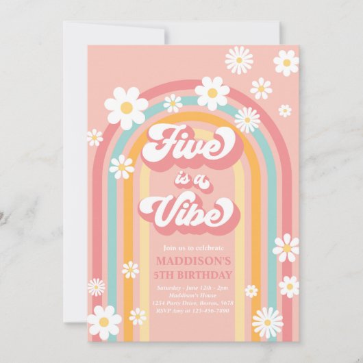 Invitation Five Is A Vibe Super Daisy Rainbow 5Anniversaire (Devant)