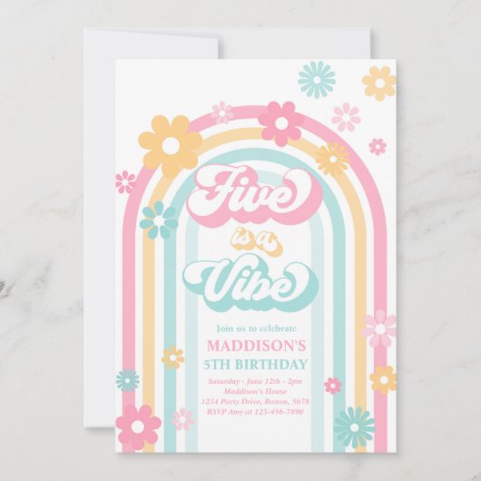 Invitation Five Is A Vibe Super Daisy Rainbow 5Anniversaire (Devant)