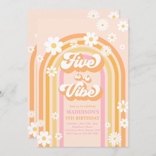 Invitation Five Is A Vibe Super Daisy Rainbow 5Anniversaire (Devant / Derrière)