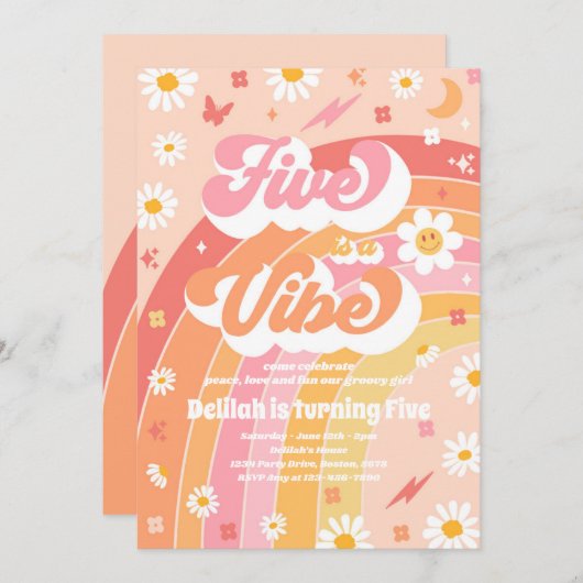 Invitation Five Is A Vibe Super Hippie Rainbow 5Anniversaire (Devant / Derrière)
