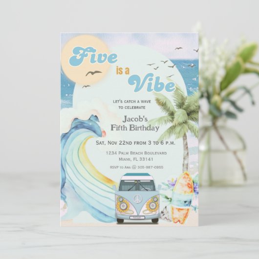 Invitation Five is a Vibe Surf Beach Retro Cinquième annivers (Debout devant)