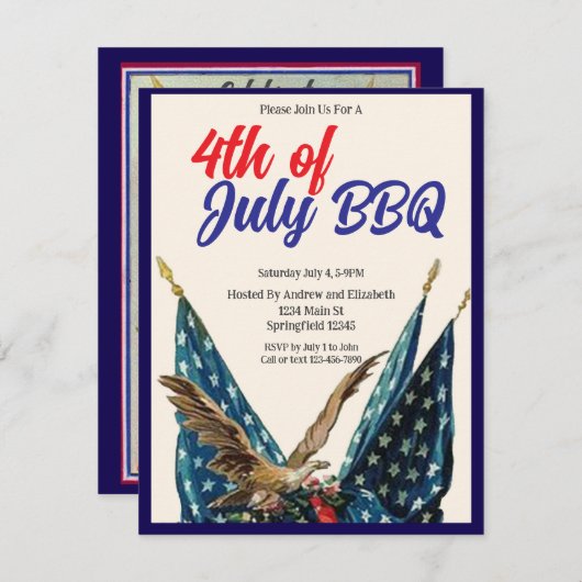 Invitation Flag and Eagle 4th of July BBQ Party (Devant / Derrière)