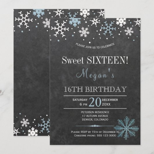 Invitation Flakes bleu blanc sweet sixteen d'hiver chic (Devant / Derrière)