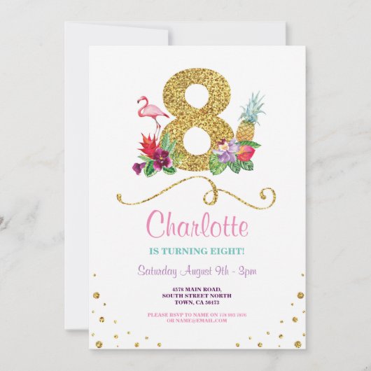 Invitation Flamant rose Aloha 8ème Huit 8 Anniversaire Invita (Devant)