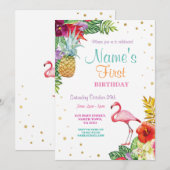 Invitation Flamant rose Aloha Girl's First Birthday Gold (Devant / Derrière)