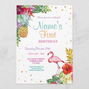 Invitation Flamant rose Aloha Girl's First Birthday Gold