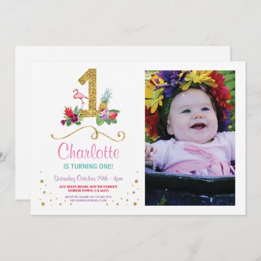 Invitation Flamant rose Aloha Première fête d'anniversaire Ph (Devant / Derrière)