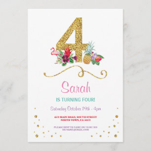 Invitation Flamant rose Aloha Quatrième 4e 4 Anniversaire Inv