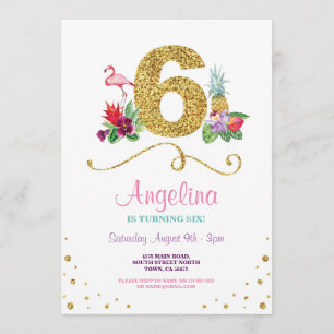 Invitation Flamant rose Aloha Sixième 6e Six Anniversaire Inv