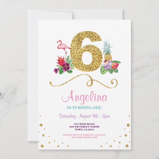 Invitation Flamant rose Aloha Sixième 6ème Six Anniversaire I (Devant)