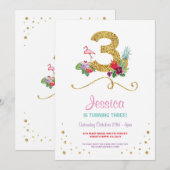 Invitation Flamant rose Aloha Troisième 3ème 3 Anniversaire I (Devant / Derrière)