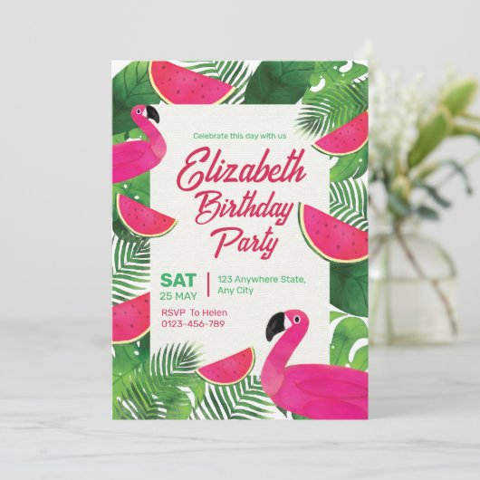 Invitation Flamant rose Anniversaire Invitation, Pool Party a (Debout devant)