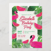 Invitation Flamant rose Anniversaire Invitation, Pool Party a (Devant / Derrière)