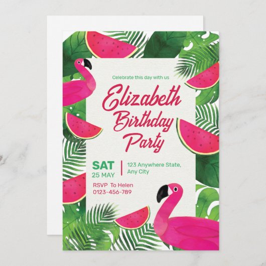 Invitation Flamant rose Anniversaire Invitation, Pool Party a (Devant / Derrière)