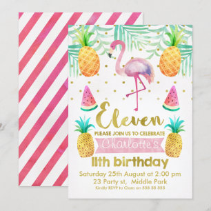 Invitation Flamant rose aquarelle 11ème anniversaire Invitati