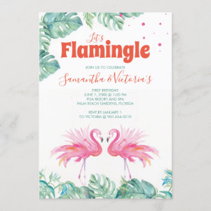 Invitation Flamant rose aquarelle Jumeaux Anniversaire