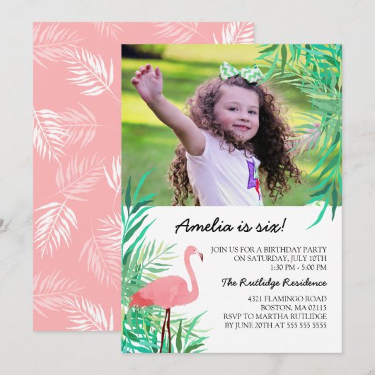Invitation Flamant rose aquarelle photo fête d'anniversaire (Devant / Derrière)