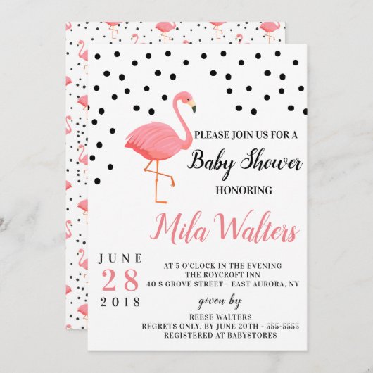 Invitation Flamant rose Baby shower (Devant / Derrière)