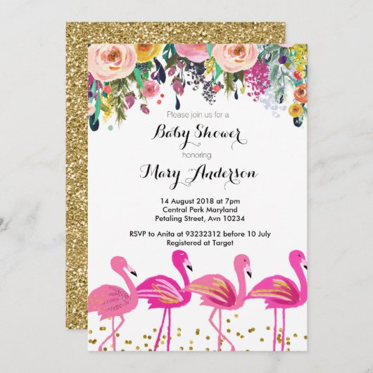 Invitation Flamant rose Baby shower rose (Devant / Derrière)