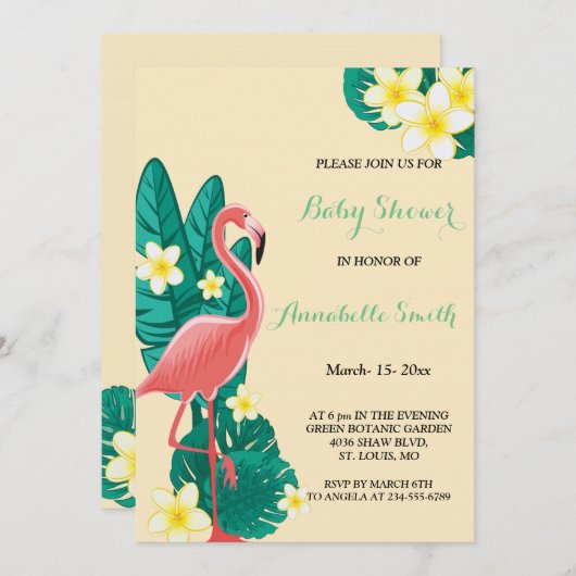 Invitation Flamant rose baby shower tropical (Devant / Derrière)