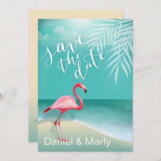 Invitation Flamant rose Beach Enregistrer la date | aqua (Devant / Derrière)