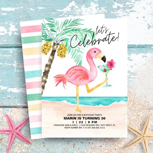Invitation Flamant rose Beach Party | Anniversaire tropical
