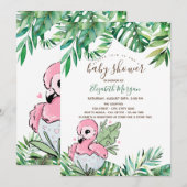 Invitation Flamant rose bébé Baby shower Feuille tropical (Devant / Derrière)