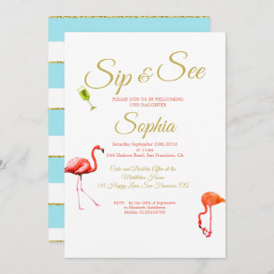 Invitation Flamant rose Bébé Bleu Bleu Stripe et voir