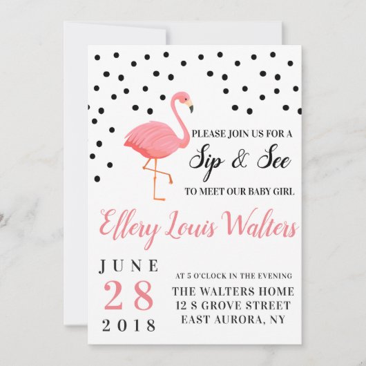 Invitation Flamant rose bébé fille Sip et voir l'invitation (Devant)