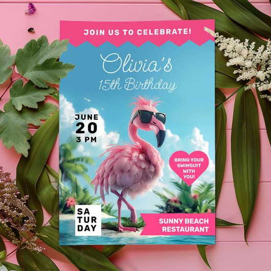 Invitation Flamant rose Birthday Beach Bash Extravaganza