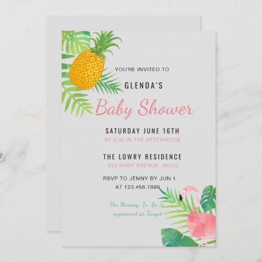 Invitation Flamant rose d'ananas tropical Baby shower invitat (Devant / Derrière)