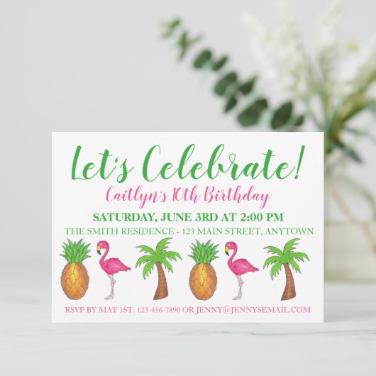 Invitation Flamant rose d'anniversaire Palm Tree Pineapple (Debout devant)