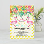 Invitation Flamant rose d'aquarelle Baby shower floral tropic (Debout devant)