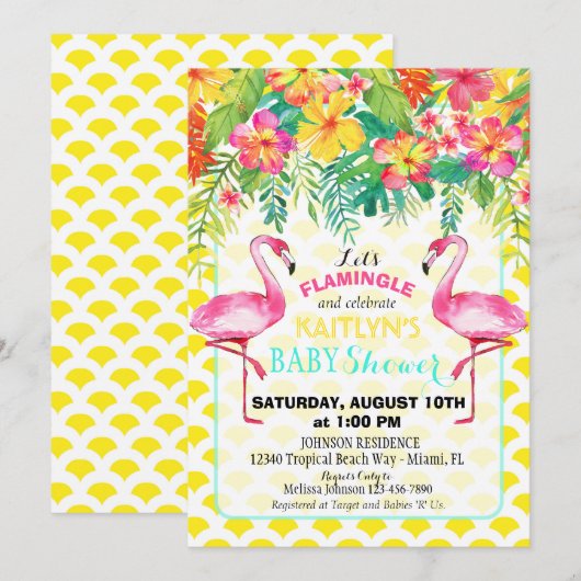 Invitation Flamant rose d'aquarelle Baby shower floral tropic (Devant / Derrière)