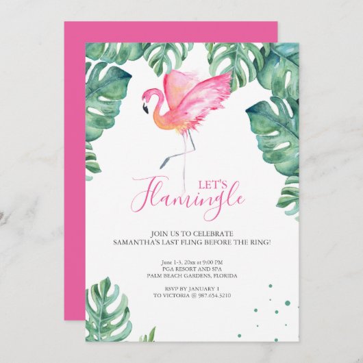 Invitation Flamant rose d'aquarelle Bachelorette (Devant / Derrière)